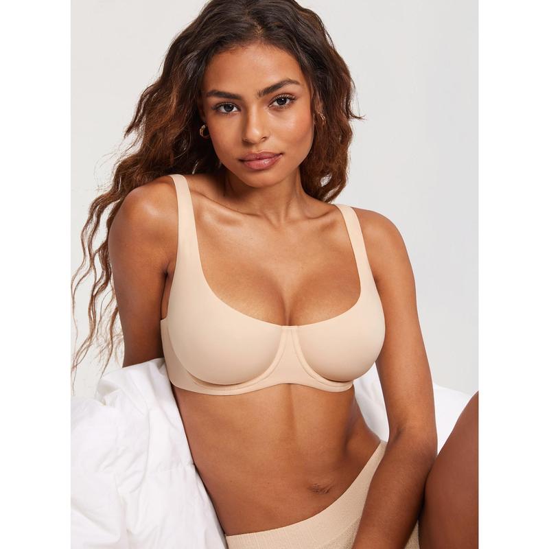 Women's Unlined Balconette Bra Underwire Supportive Plus Size Smooth Scoop Neck no padded