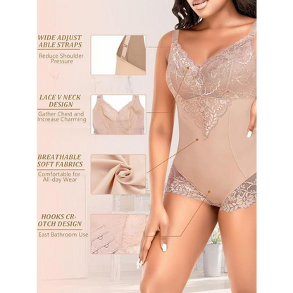 Women's Sexy Deep V Neck Tummy Control Bodysuit Lace Shapewear - Tummy Control Waist Cincher Bodysuit.