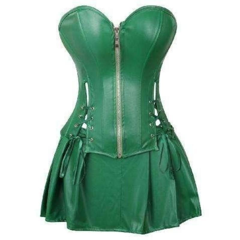 Women's Steampunk Corset Dress Punk Rock Faux Leather Corset with Skirt Retro Goth Waist Cincher