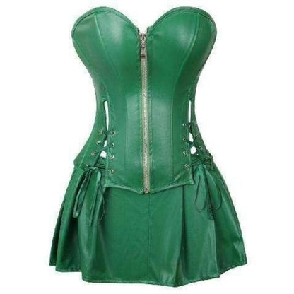 Women's Steampunk Corset Dress Punk Rock Faux Leather Corset with Skirt Retro Goth Waist Cincher