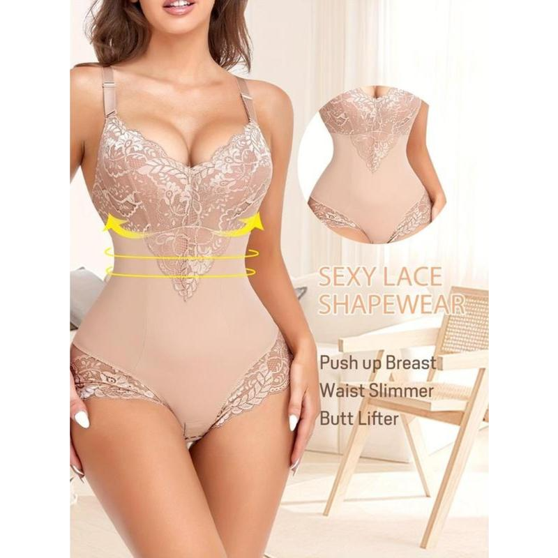 Women's Sexy Deep V Neck Tummy Control Bodysuit Lace Shapewear - Tummy Control Waist Cincher Bodysuit.